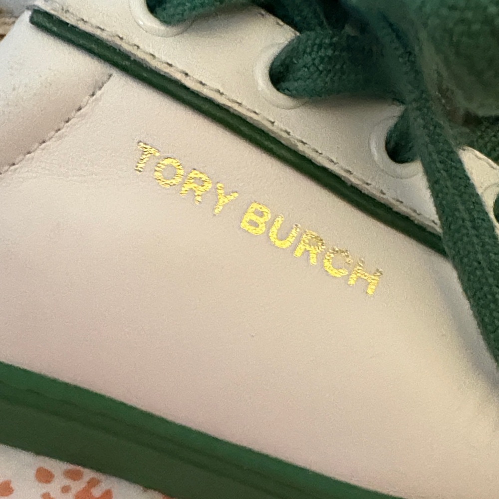 Tory Burch White Leather Sneakers with Green Accents - Picture 14 of 16
